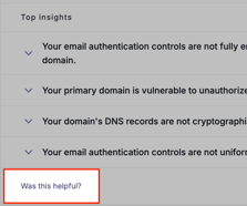 The Was this helpful? feedback prompt, highlighted at the bottom of the Top insights list, below four collapsed insights.