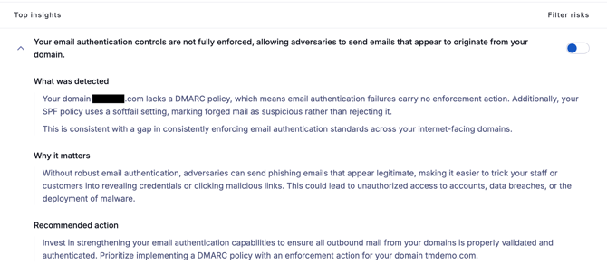 Top insights list with four collapsed insights on email authentication, domain transfer and DNS signing, each with a Filter risks toggle.