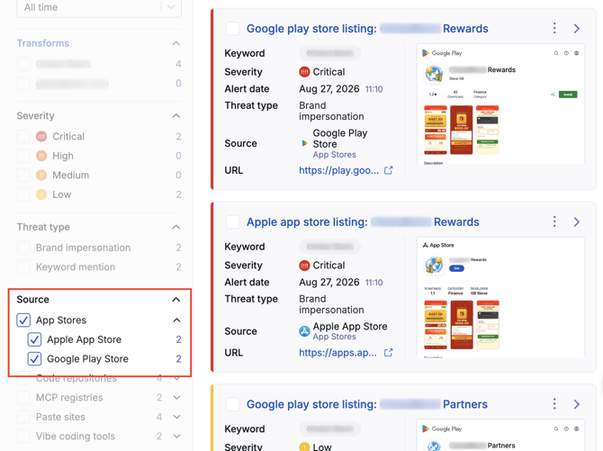 UpGuard alerts page with the Source filter highlighted, App Stores expanded and both Apple App Store and Google Play Store selected, 2 alerts each
