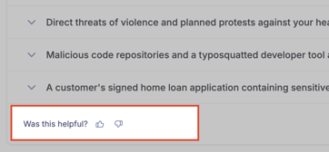 Threat Posture panel with the "Was this helpful?" feedback row highlighted at the bottom, showing thumbs-up and thumbs-down icons.