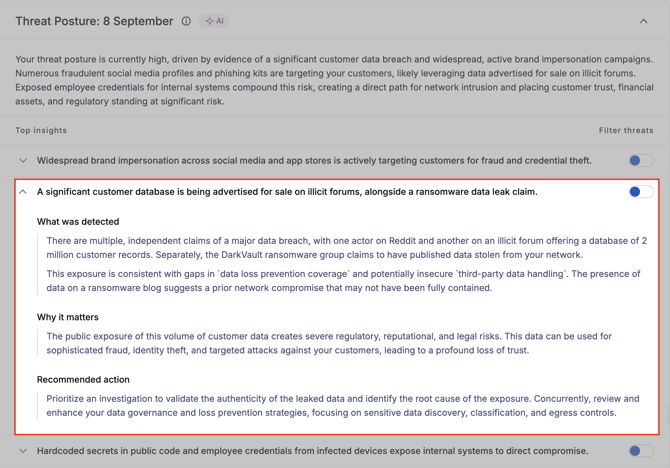 Threat Posture panel with one insight expanded and highlighted, showing What was detected, Why it matters, and Recommended action.