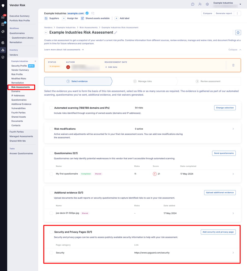 How to use security and privacy pages in Vendor Risk