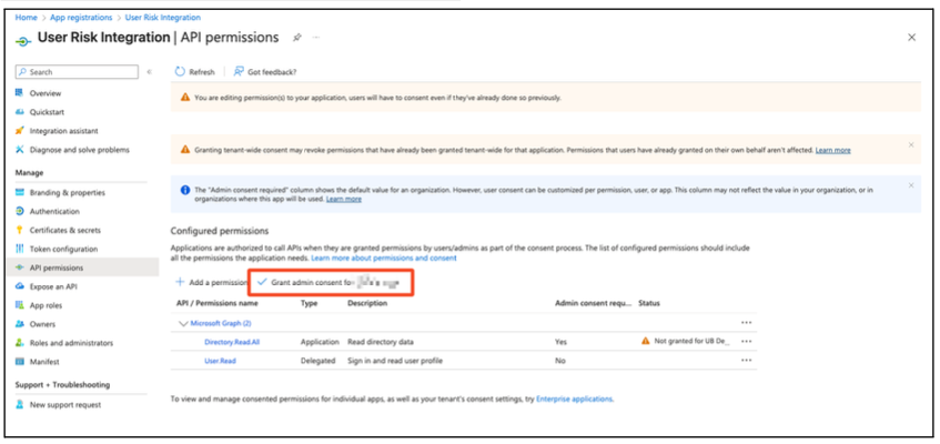 Entra API permissions page with the Grant admin consent button highlighted.