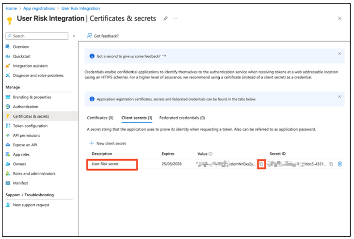 Entra Certificates & secrets page with the new client secret and its copy icon highlighted.