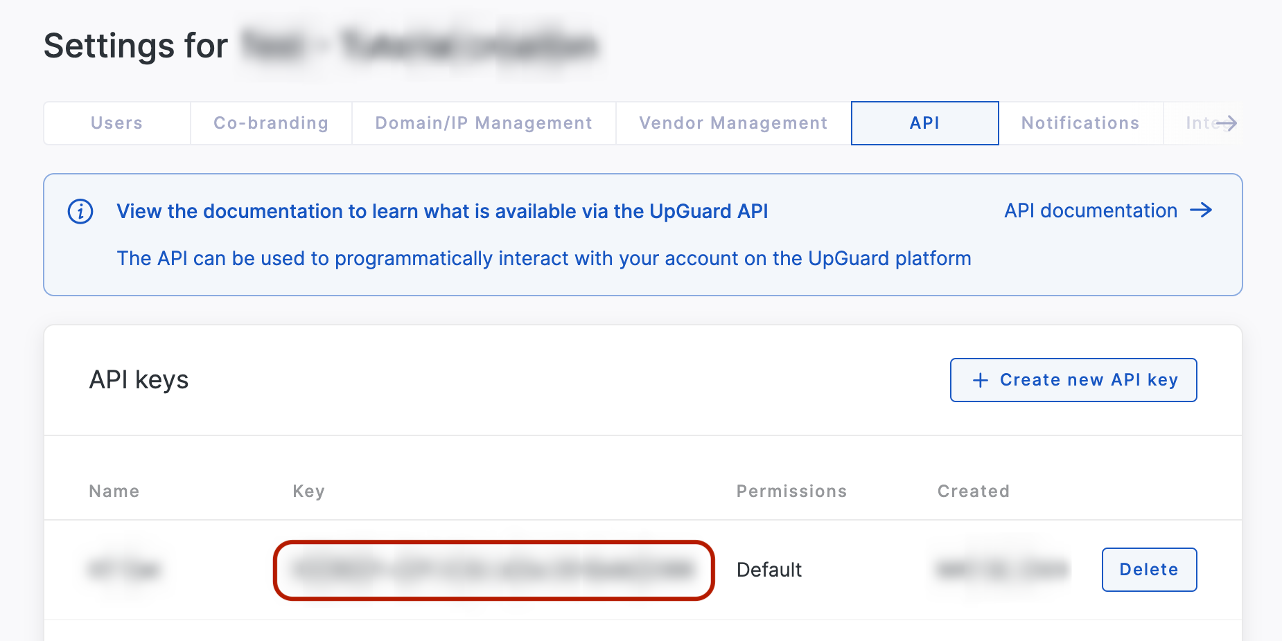 Screencapture of the API key settings page with the key name, key string, and date redacted.